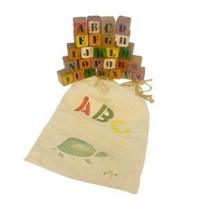 Handmade Set of 26 Wood Alphabet Blocks Painted Letters With Cotton Burlap Bag